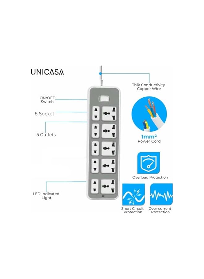 UNICASA™ Universal 10-Outlet Power Strip, 5 UK 3-Pin Sockets & 5 Multi-Standard Outlets, 5M Durable Extension Cord & Extension Lead with Independent Switch Control – Ideal for Home, Office and Travel - Image 2