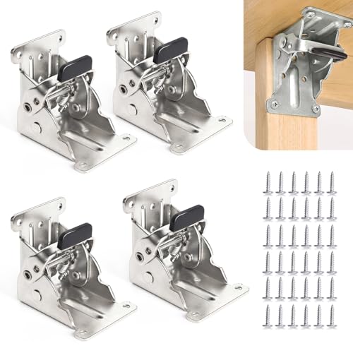 TopDirect 4 Pack Locking Hinge for Folding Leg Brackets,Heavy Duty Folding Brackets 90 Degree Self Locking Folding Hinge for Table Legs Furniture（Silver） - Image 1