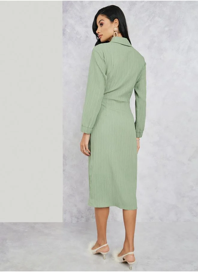 Styli Textured Button Front Shirt Midi Dress