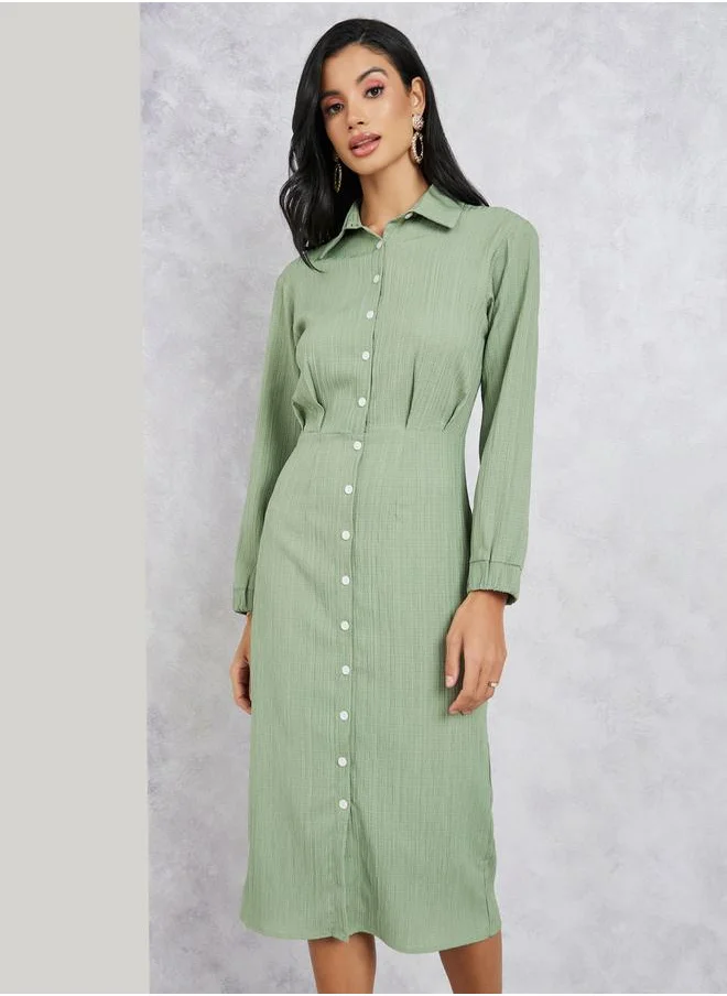 Styli Textured Button Front Shirt Midi Dress