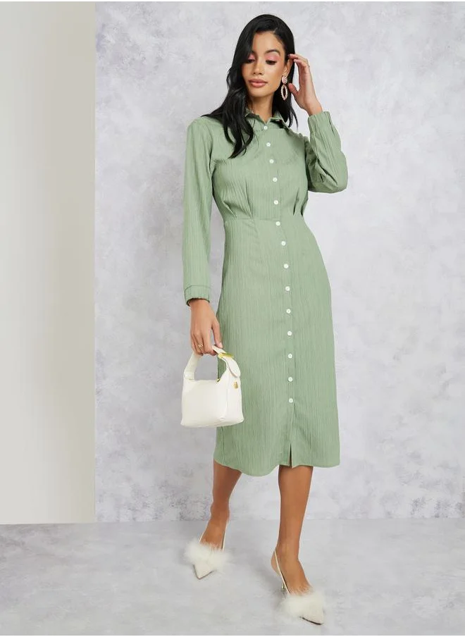 Styli Textured Button Front Shirt Midi Dress