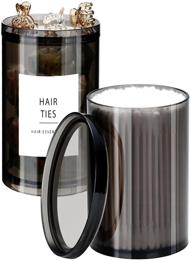 SheeChung Qtip Holder Dispenser Stackable Apothecary Jars with Storage Lids for Cotton Swabs, Balls, Pads, Floss Picks-2 Pack Acrylic Canister Black Bathroom Accessories Decor, Vanity Organizer (12oz) - Image 1