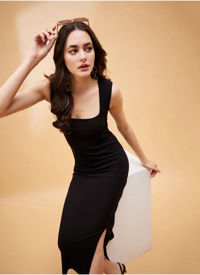 SASSAFRAS - Ribbed Bodycon Midi Dress with Side Slit by Styli - Image 1