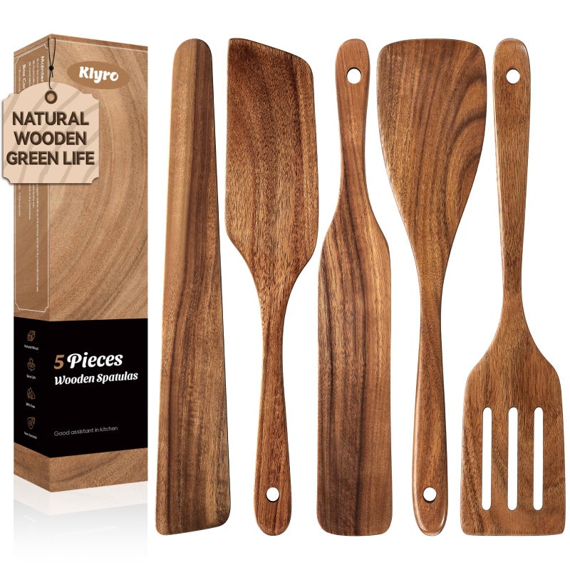 KLYRO 5 PCS Wooden Spatula Set, Natural Teak Wooden Spoons for Cooking, Nonstick Cookware Safe Kitchen Utensils Set, Durable & Elegant Cooking Utensils Gift Set - Image 1