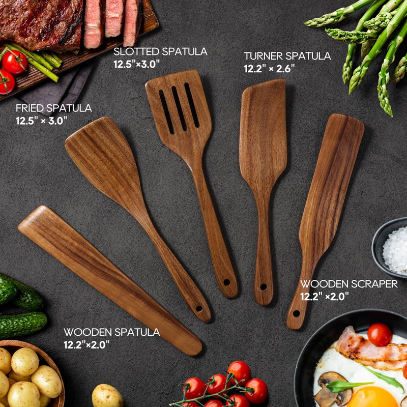 KLYRO 5 PCS Wooden Spatula Set, Natural Teak Wooden Spoons for Cooking, Nonstick Cookware Safe Kitchen Utensils Set, Durable & Elegant Cooking Utensils Gift Set - Image 3