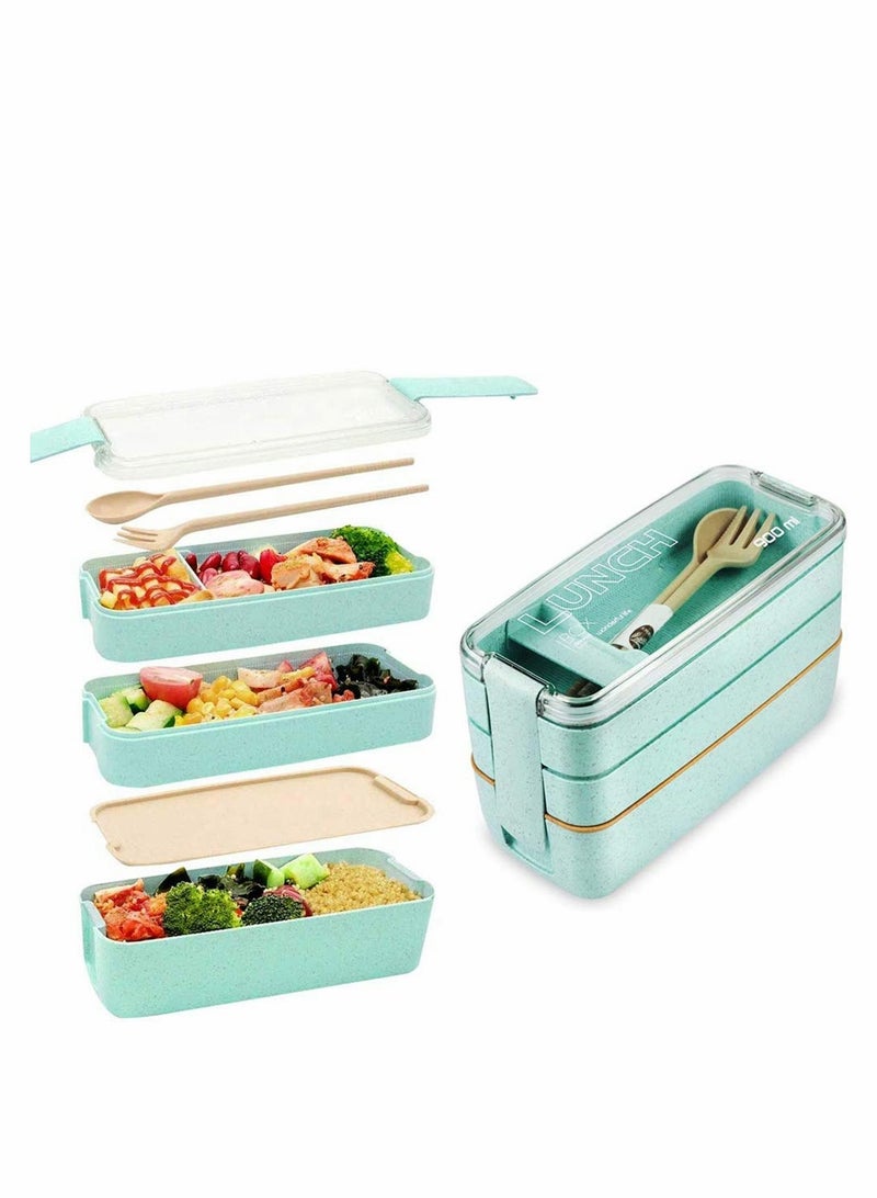Excefore Lunch Box,  Bento Box 3-In-1 Compartment Wheat Straw Leakproof Eco-Friendly Bento Lunch Box Meal Prep Containers Lunch Solution Offers Durable Microwave Safe for Kids Adults, 900ml Green - Image 1