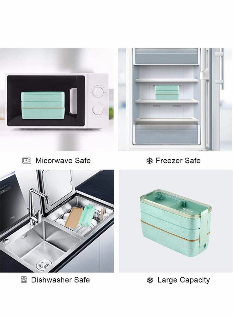 Excefore Lunch Box,  Bento Box 3-In-1 Compartment Wheat Straw Leakproof Eco-Friendly Bento Lunch Box Meal Prep Containers Lunch Solution Offers Durable Microwave Safe for Kids Adults, 900ml Green - Image 4