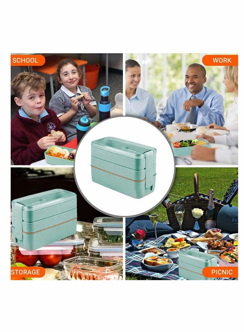 Excefore Lunch Box,  Bento Box 3-In-1 Compartment Wheat Straw Leakproof Eco-Friendly Bento Lunch Box Meal Prep Containers Lunch Solution Offers Durable Microwave Safe for Kids Adults, 900ml Green - Image 2