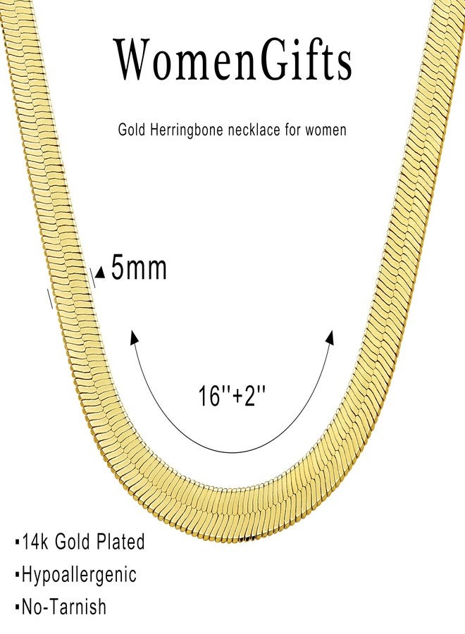 WomenGifts 14K Gold Silver Plated Herringbone Necklace for Women, Dainty Snake Chain Choker, Trendy Simple Long Layered Jewelry Non Tarnish, 3/4/5/8mm,14,16,18,20,22,24,26 Inch Thin & Chunky Options - Image 4