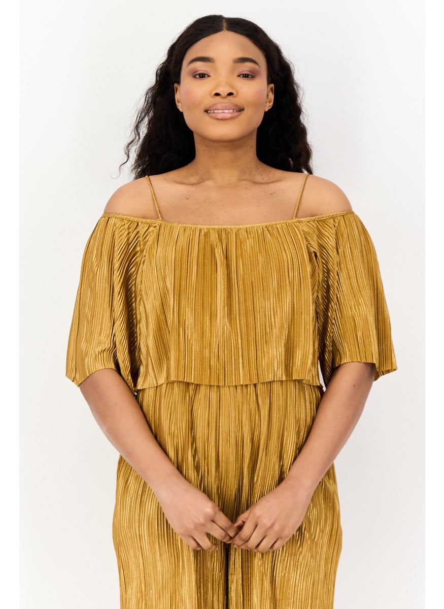 ONLY Women Textured Short Sleeves Jumpsuit, Tan  - Image 3