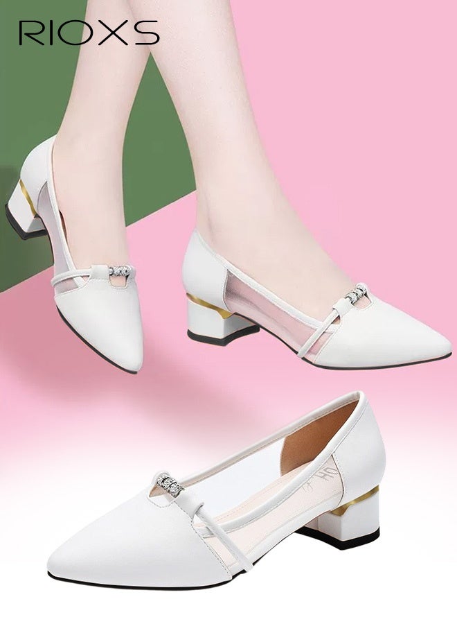 RIOXS Women's Leather Shoes, Pointed Toe Dressy Shoes, 4cm Low Heels Slip-on Shoes, Classic Chunky Heeled Shoes, Fashion Versatile Women Dressy Shoes, Thick-heeled Mary Jane Shoes, Comfy Breathable Pump Shoes for Work/ Wedding/ Casual/ Daily Wear, White Ladies Pumps - Image 1