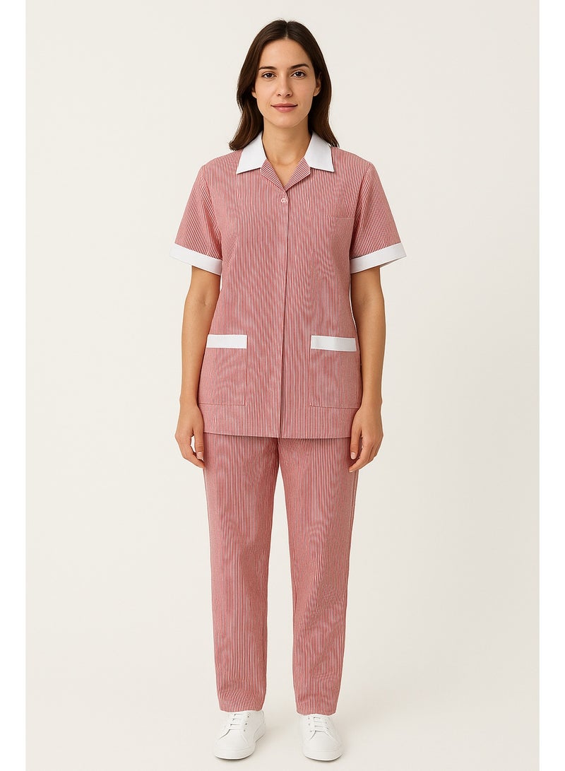 Rannah's Uniform Women’s Striped Housemaid Uniform Set – Short Sleeve Top and Matching Pants, Lightweight Workwear for Domestic Helpers, Cleaning Staff & Caregivers - Image 1