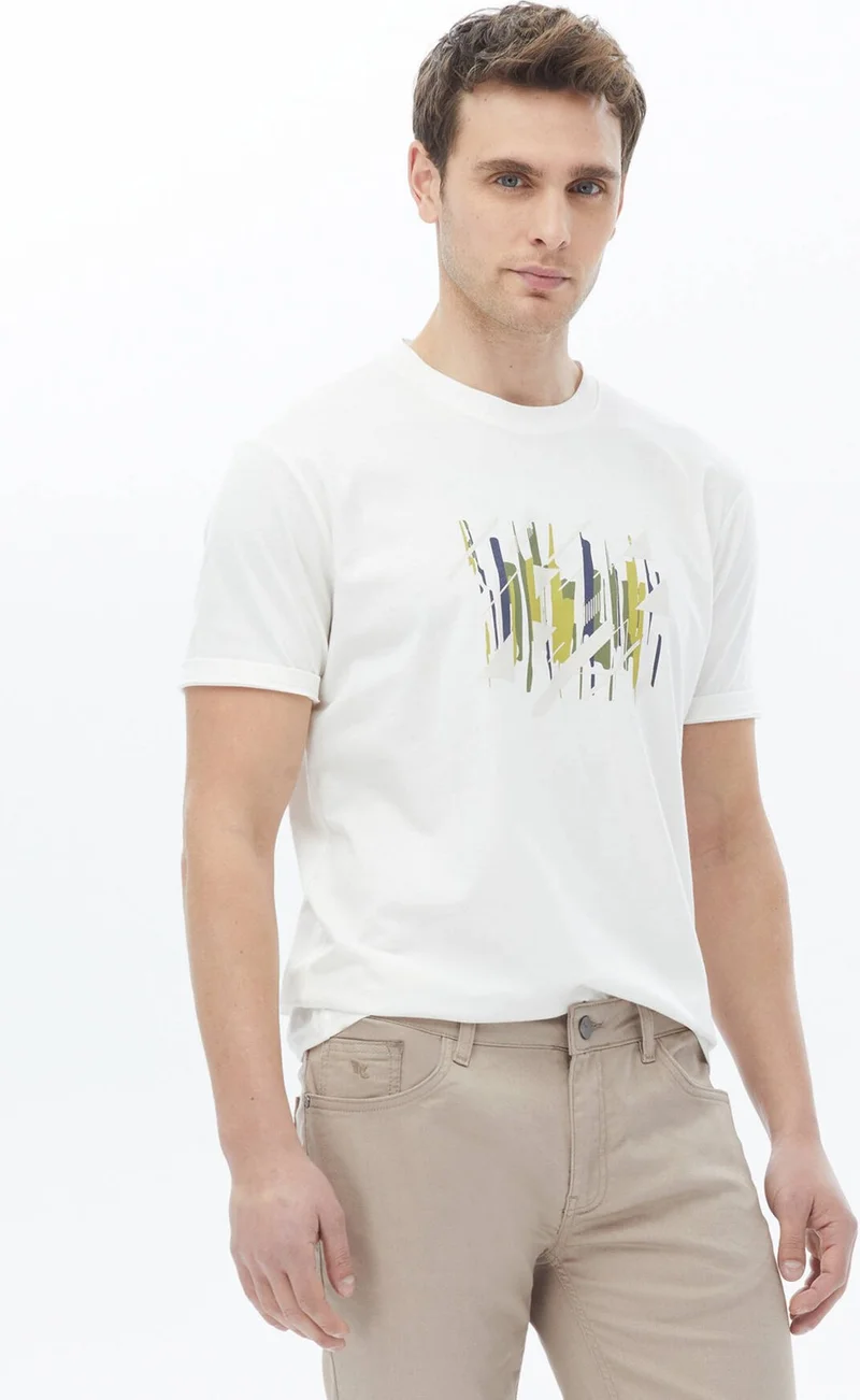 Kip Ecru Printed Crew Neck Cotton T-Shirt