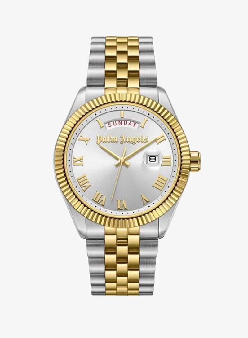 Palm Angels Primo Silver Dial Silver Gold Stainless Steel Bracelet Analog Watch for Men, 42mm
