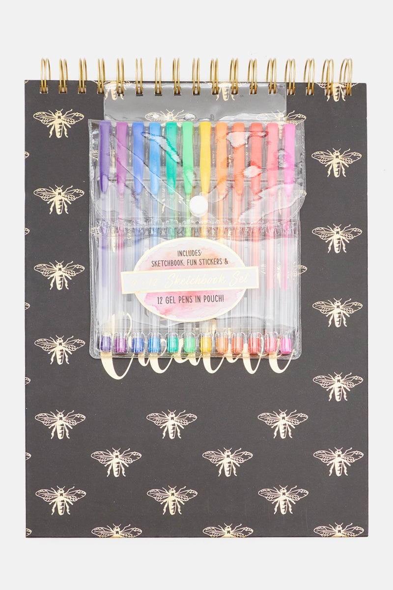VOTUM Sketch Book With 12 Gel Pink And Sticker Set, Black Combo - Image 1