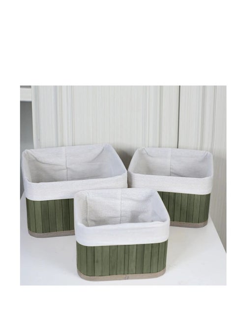 Bamboo Storage Basket Set of 3  with Fabric Liner Square shape  - Green