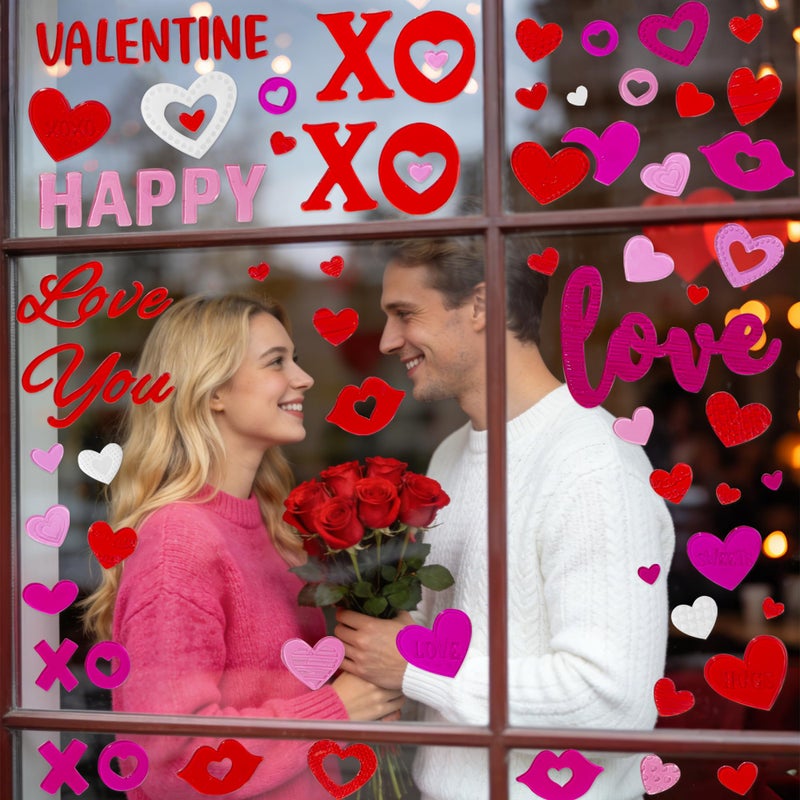 HOHUCRAB 6 Sheets Valentines Day Gel Window Clings, Red Heart, Happy Valentines for Glass Windows Bulletin Board and Wedding Anniversary Party Decorations, Valentines Day Decor Stickers for Home Office - Image 4