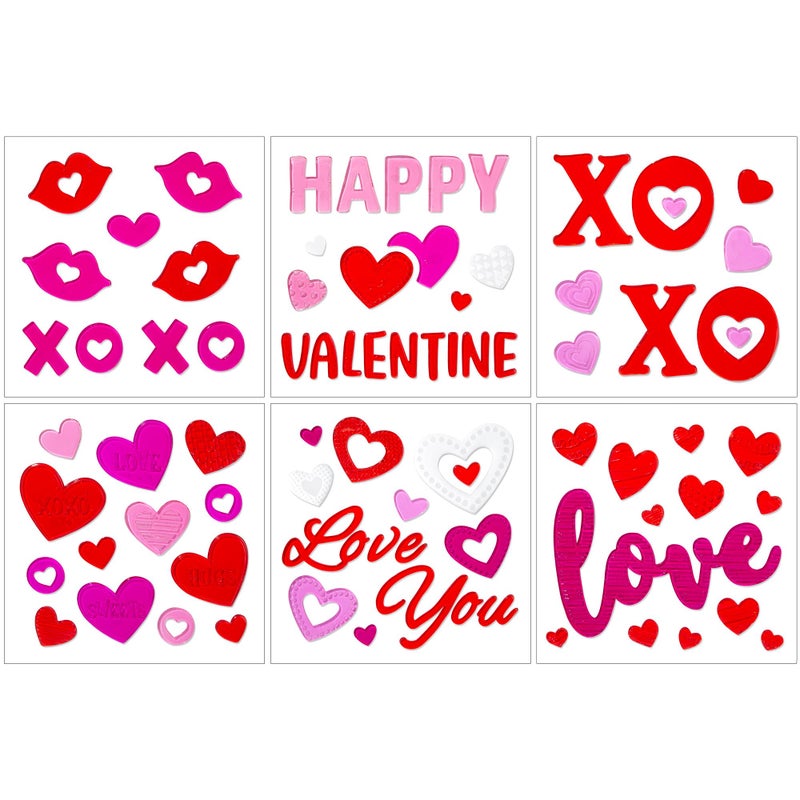 HOHUCRAB 6 Sheets Valentines Day Gel Window Clings, Red Heart, Happy Valentines for Glass Windows Bulletin Board and Wedding Anniversary Party Decorations, Valentines Day Decor Stickers for Home Office - Image 1