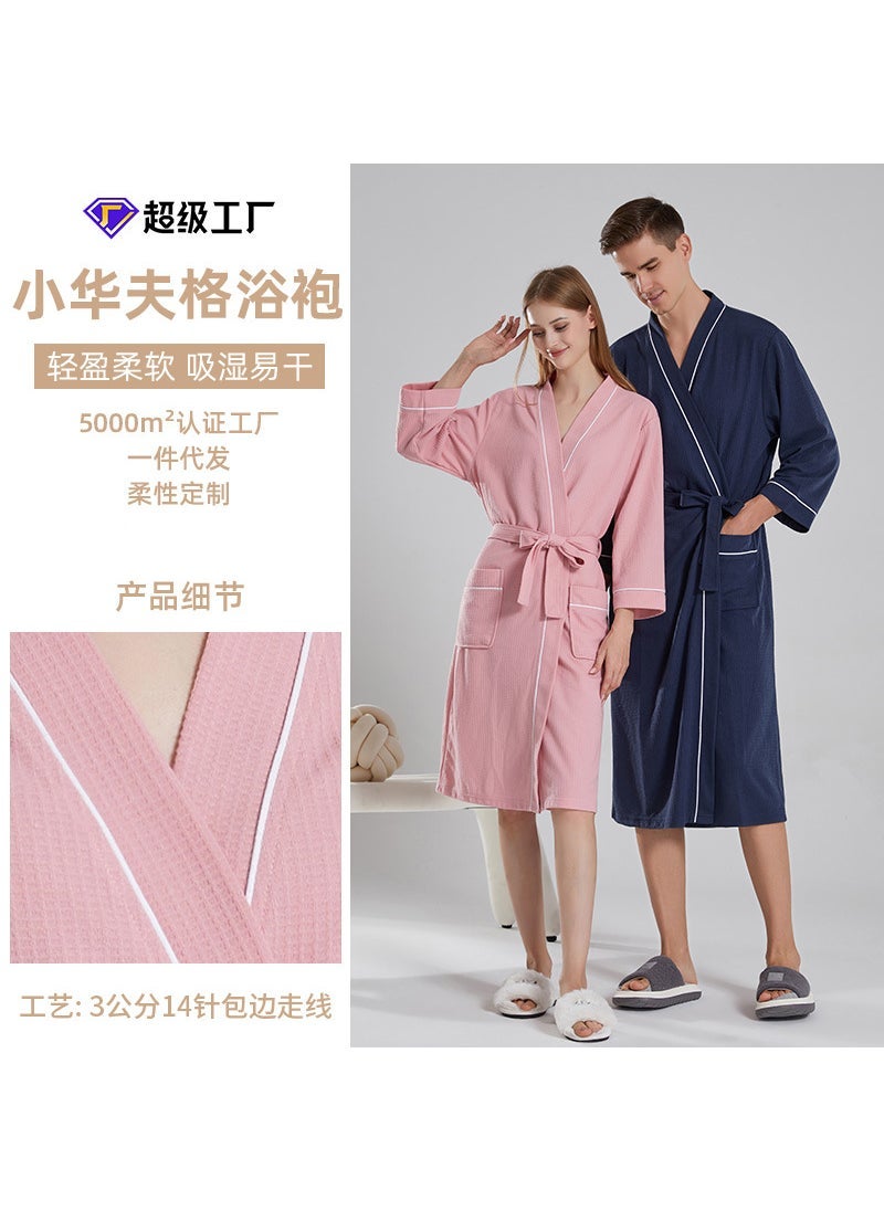 Cross-border waffle thin bathrobe female strong absorbent hotel couple bathrobe sauna long mens nightgown manufacturers Grey  - Image 3