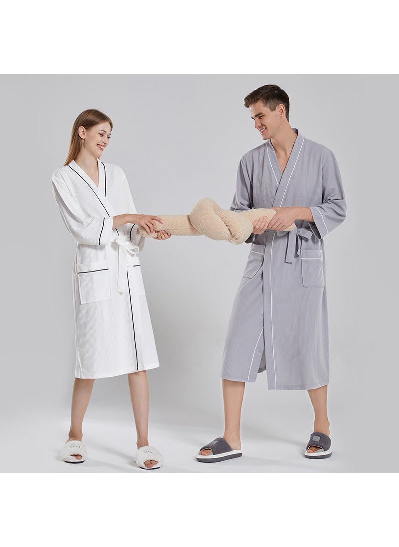 Cross-border waffle thin bathrobe female strong absorbent hotel couple bathrobe sauna long mens nightgown manufacturers Grey  - Image 5