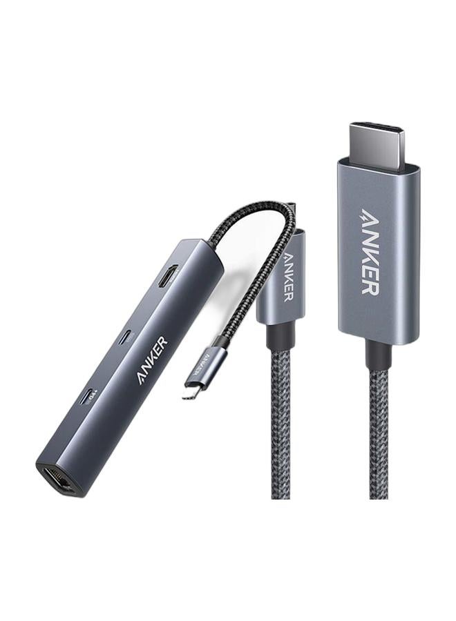 Anker USB C Hub, PowerExpand 6-in-1 USB C PD Ethernet Hub with 65W Power Delivery, 4K HDMI, 1Gbps Ethernet, USB-C Data Port, 2 USB 3.0 Data Ports, for MacBook Pro, MacBook Air, iPad Pro, XPS, and More & HDMI Cable, 4K@60Hz Ultra-Fast Nylon-Braided USBC to HDMI Cord with Advanced Shielding, Thunderbolt 5/4/3, For MacBook, iPad, iPhone, HDTV, and More (3 FT) Bundle - Image 1