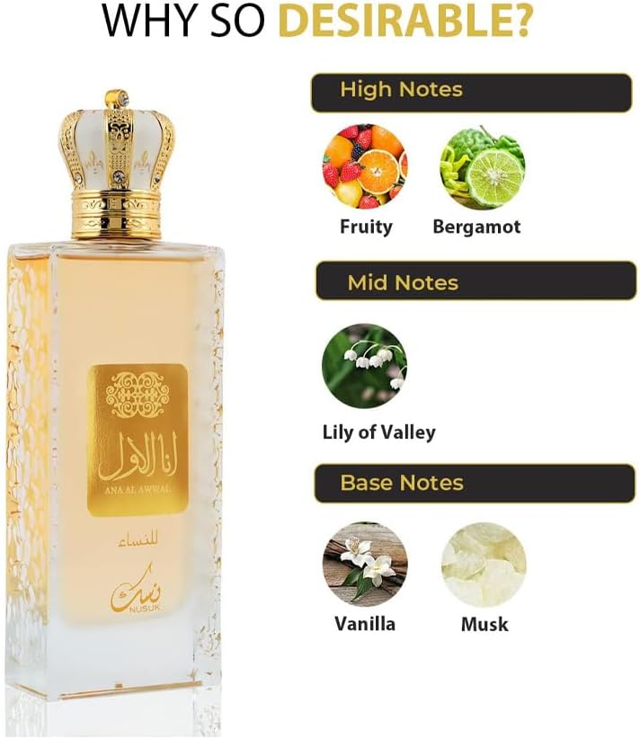Nusuk Ana Al Awwal Gold Eau De Parfum for Women | Long Lasting Perfume with Fruity Notes, Bergamot, Lily of the Valley, Vanilla & Musk | Elegant Feminine Fragrance | 100ml - Image 5