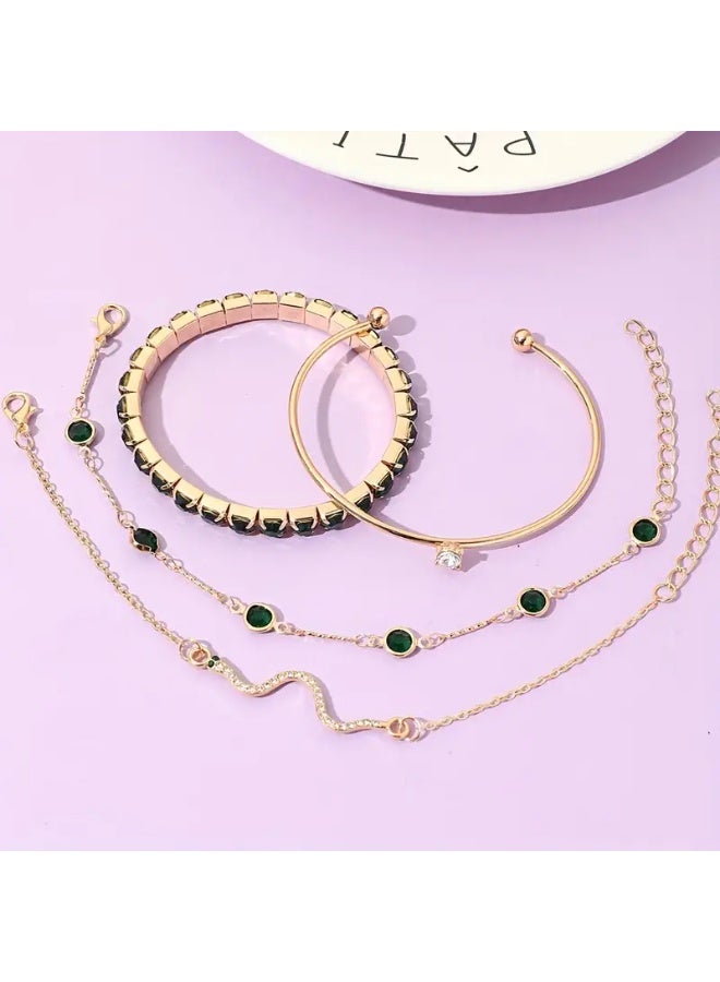Goolsky 4pcs/Set Elegant Green Imitation Gemstone Rhinestone Claw Chain Snake Bracelet – Open Bangle For Women, Sparkling Rhinestones, Daily/Parties Wear - Image 4
