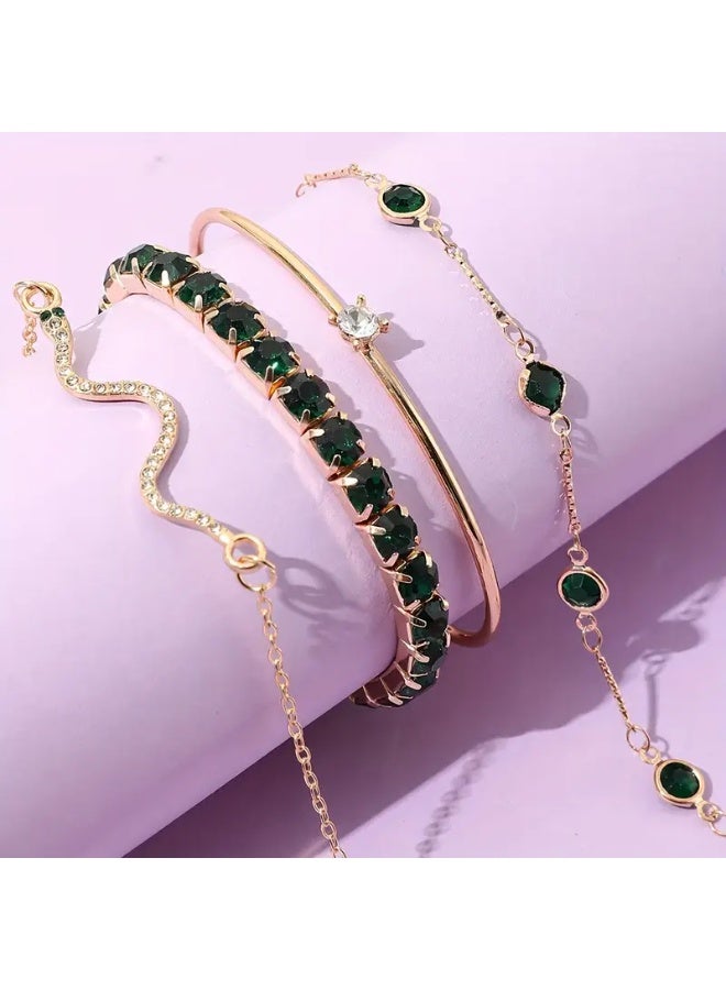 Goolsky 4pcs/Set Elegant Green Imitation Gemstone Rhinestone Claw Chain Snake Bracelet – Open Bangle For Women, Sparkling Rhinestones, Daily/Parties Wear - Image 1