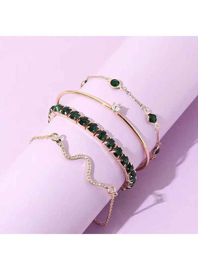 Goolsky 4pcs/Set Elegant Green Imitation Gemstone Rhinestone Claw Chain Snake Bracelet – Open Bangle For Women, Sparkling Rhinestones, Daily/Parties Wear - Image 3