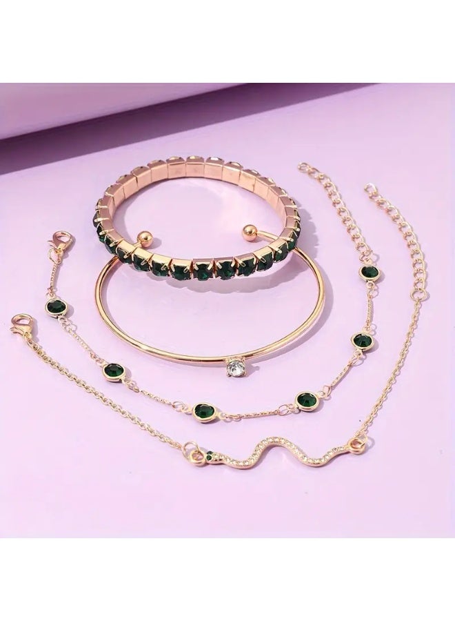 Goolsky 4pcs/Set Elegant Green Imitation Gemstone Rhinestone Claw Chain Snake Bracelet – Open Bangle For Women, Sparkling Rhinestones, Daily/Parties Wear - Image 5