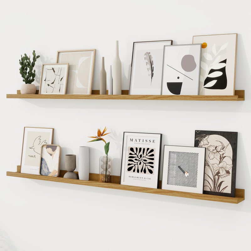 RICHFOCUS Picture Ledge Shelf, 55 inch Floating Shelves Set of 2, Wood Wall Shelves with Lip, Wall Decor Storage for Bedroom Living Room Bathroom Kitchen Nursery Photo Picture, Oak - Image 1
