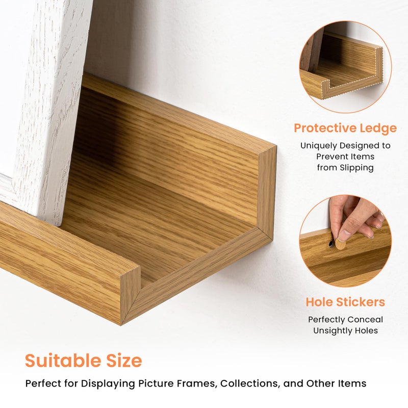 RICHFOCUS Picture Ledge Shelf, 55 inch Floating Shelves Set of 2, Wood Wall Shelves with Lip, Wall Decor Storage for Bedroom Living Room Bathroom Kitchen Nursery Photo Picture, Oak - Image 3