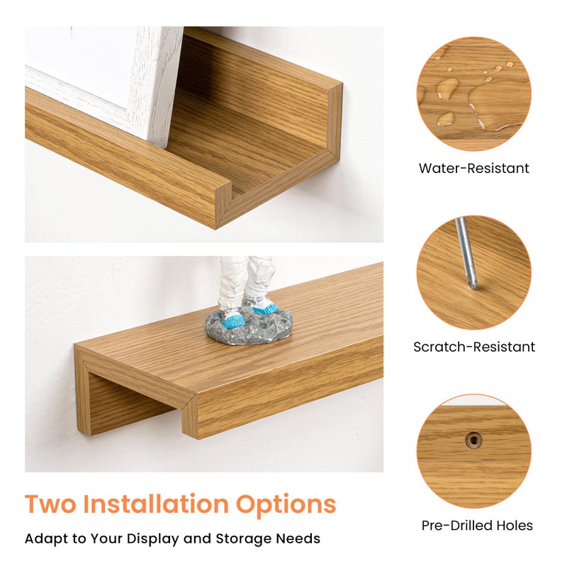 RICHFOCUS Picture Ledge Shelf, 55 inch Floating Shelves Set of 2, Wood Wall Shelves with Lip, Wall Decor Storage for Bedroom Living Room Bathroom Kitchen Nursery Photo Picture, Oak - Image 5