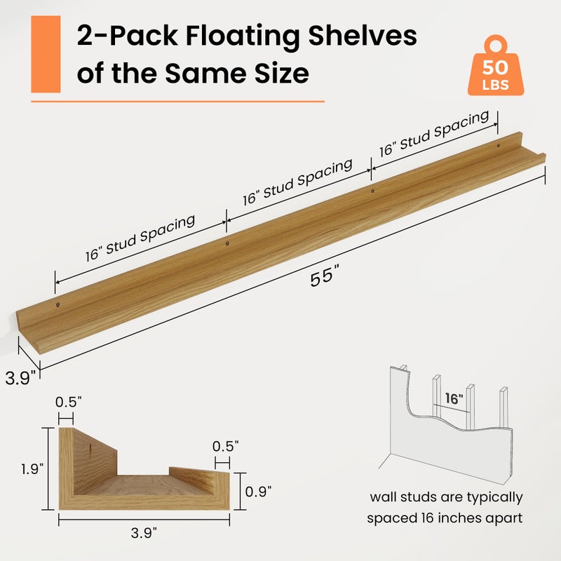 RICHFOCUS Picture Ledge Shelf, 55 inch Floating Shelves Set of 2, Wood Wall Shelves with Lip, Wall Decor Storage for Bedroom Living Room Bathroom Kitchen Nursery Photo Picture, Oak - Image 2