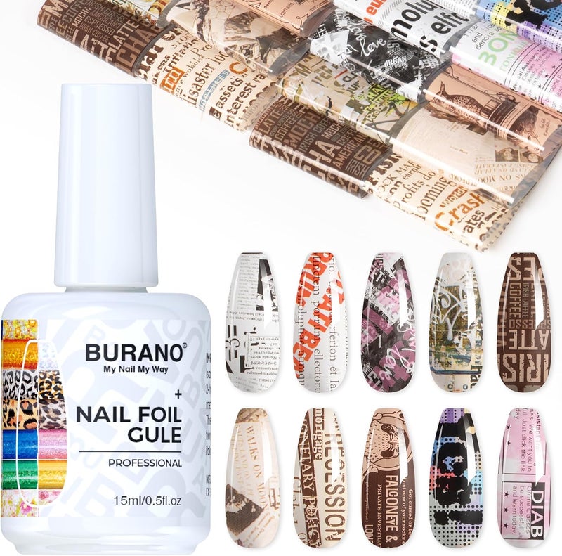 BURANO Nail Art Nail Foil Glue Gel, 15 ML 1 Bottle Foil Transfer Gel with 10PCS Stickers, UV LED Lamp Required Nail Design Foils Glue for Nails 24 - Image 1