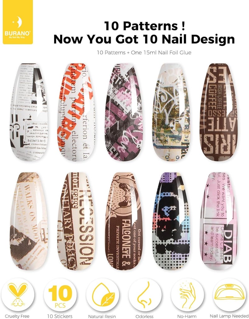 BURANO Nail Art Nail Foil Glue Gel, 15 ML 1 Bottle Foil Transfer Gel with 10PCS Stickers, UV LED Lamp Required Nail Design Foils Glue for Nails 24 - Image 2