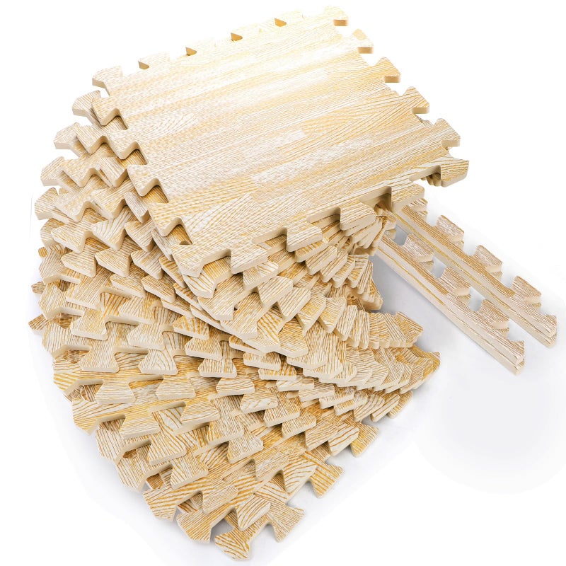 Tebery بلاط أرضيات بتصميم خشبي مطبوع من تيبيري 16 قطعة بسماكة 3/8 بوصة من رغوة EVA بساط ألغاز (خشب أبيض) - Image 3