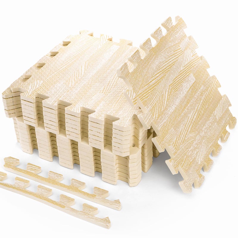 Tebery بلاط أرضيات بتصميم خشبي مطبوع من تيبيري 16 قطعة بسماكة 3/8 بوصة من رغوة EVA بساط ألغاز (خشب أبيض) - Image 1