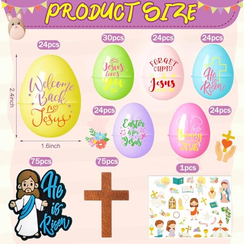 Motionchic 50 Pack Easter Eggs with Mini Jesus Figurines Wooden Cross Religious Basket Fillers He Is Risen Plastic Easter Eggs for Kids Party Favors Classroom Prizes Game Supplies - Image 5