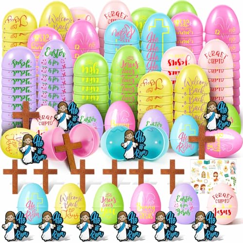 Motionchic 50 Pack Easter Eggs with Mini Jesus Figurines Wooden Cross Religious Basket Fillers He Is Risen Plastic Easter Eggs for Kids Party Favors Classroom Prizes Game Supplies - Image 1