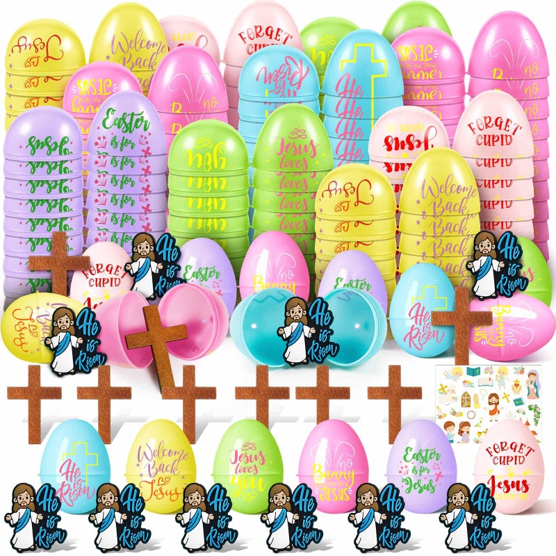 Motionchic 50 Pack Easter Eggs with Mini Jesus Figurines Wooden Cross Religious Basket Fillers He Is Risen Plastic Easter Eggs for Kids Party Favors Classroom Prizes Game Supplies - Image 3