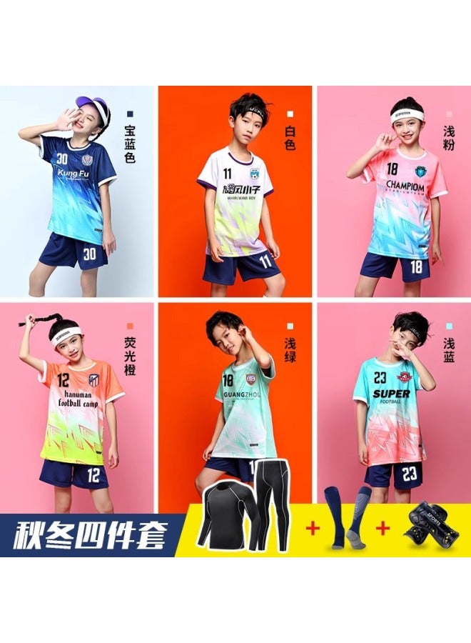 Children's Football Jersey Set with Tights, Socks, and Protective Gear for Boys and Girls