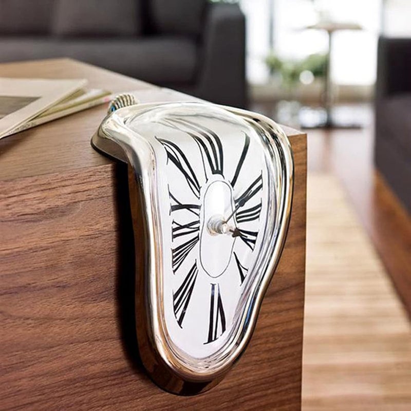 MIPPO Decorative Dali Watch Melting Clock Surreal Melting Wall Clock Distorted Table Clock, Melted Clock for Office Shelf Desk, Silver - Image 4
