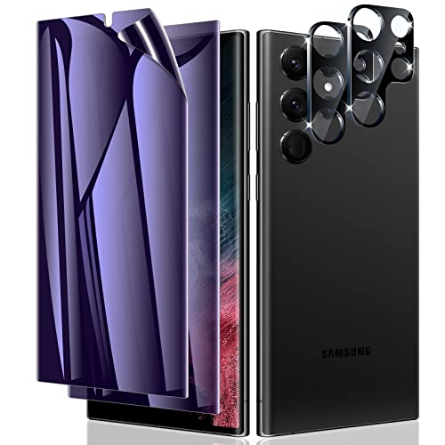 LYWHL [2+2 Pack for Samsung Galaxy S22 Ultra Privacy Screen Protector [Support Fingerprint ID] Anti-Blue Light Eye Protection Anti-Spy Anti-Glare Purple Flexible Film + Camera Lens Glass Protector - Image 1