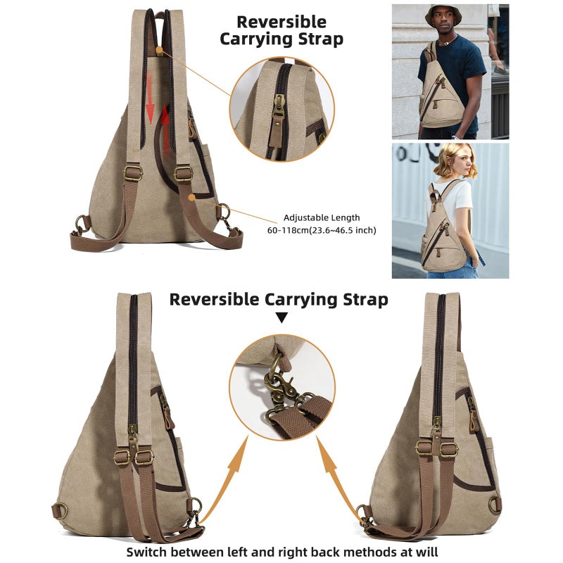 KL928 Canvas Sling Bag - Small Crossbody Backpack Shoulder Casual Daypack Rucksack for Men Women(Large Version,Khaki) - Image 3