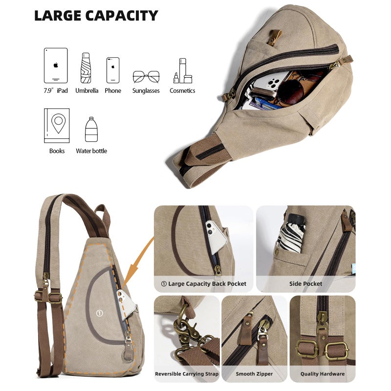 KL928 Canvas Sling Bag - Small Crossbody Backpack Shoulder Casual Daypack Rucksack for Men Women(Large Version,Khaki) - Image 4