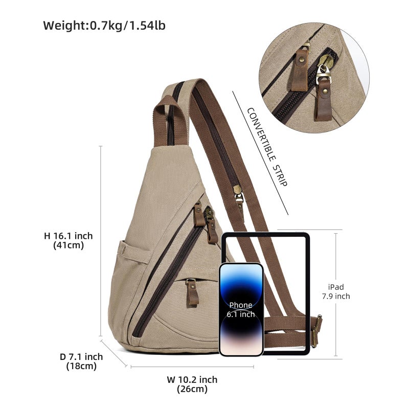KL928 Canvas Sling Bag - Small Crossbody Backpack Shoulder Casual Daypack Rucksack for Men Women(Large Version,Khaki) - Image 2