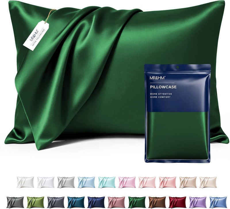 MR&HM Satin Pillowcase for Hair and Skin, Silk Satin Pillowcase 2 Pack, Standard Size Pillow Cases Set of 2, Silky Pillow Cover with Envelope Closure (20x26, Dark Green) - Image 1