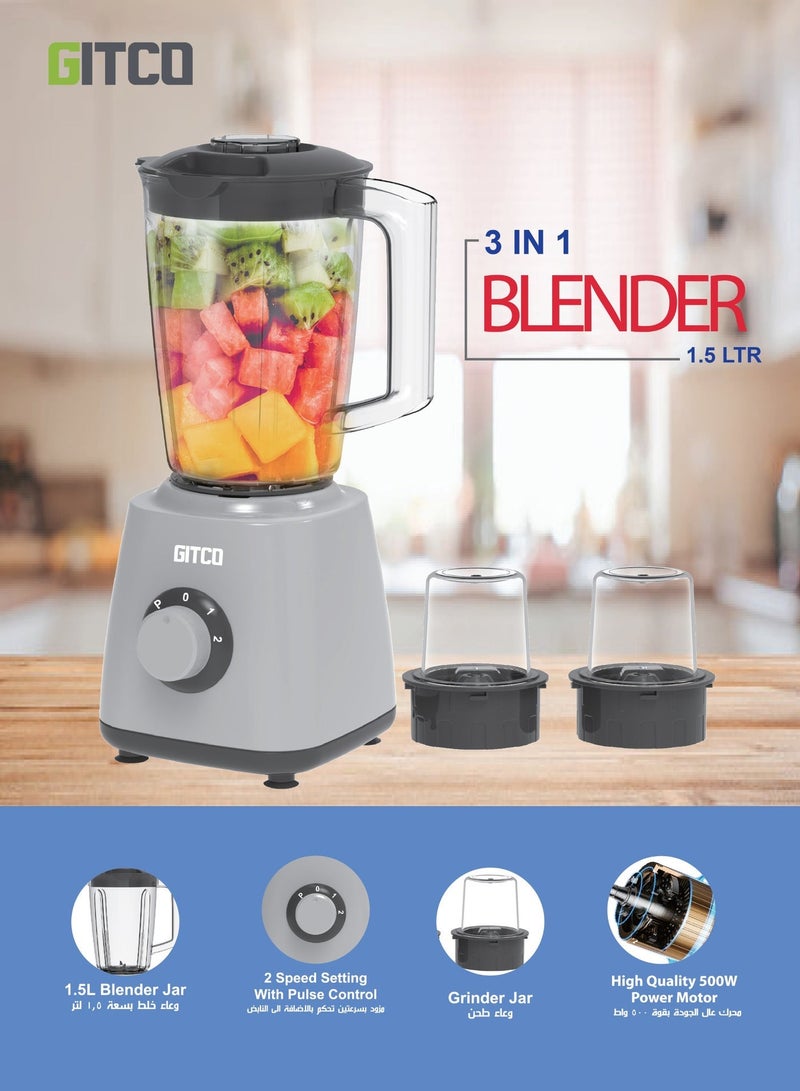 جيتكو خلاط سطح عمل 3 في 1، محرك بقوة 500 واط مع التحكم في درجة الحرارة، وعاء 1.5 لتر خالٍ من مادة BPA + كوبان مطحنة، سرعتان ونبض، شفرات من الفولاذ المقاوم للصدأ، سهل التنظيف، GB1010 أبيض/رمادي - Image 4