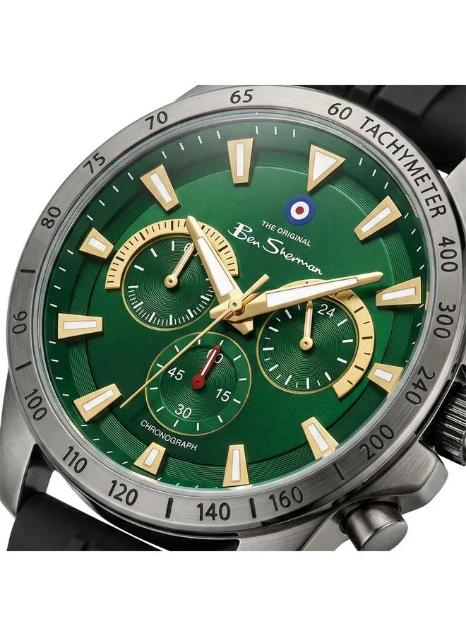 بين شيرمان Liverpool  Green Dial Black Silicone Strap Chronograph Watch for Men, 44mm